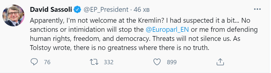 Глава Европарламента отреагировал на санкционный список РФ, в который попал: угрозы не заставят нас замолчать 1