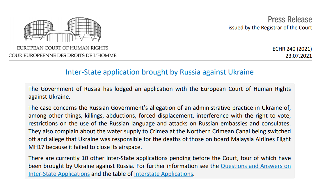 России отказали в части требований по иску против Украины в ЕСПЧ 1