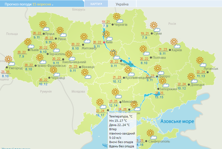 Тепло и сухо по Украине: погода на 15 сентября 2