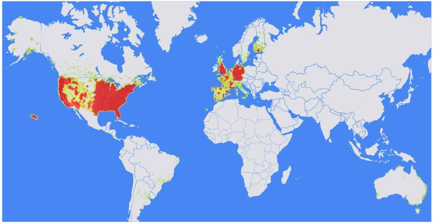 Карта компьютеров, зараженных ботнетом 3ve.2 по всему миру