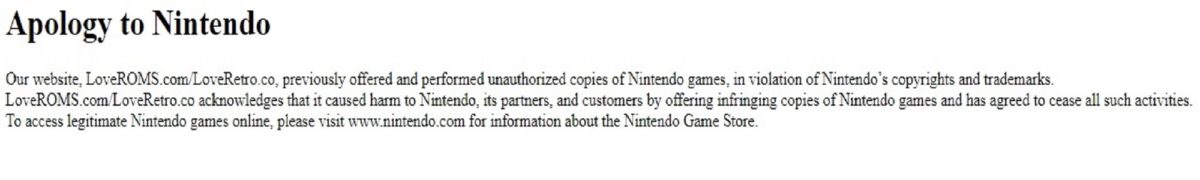 Текст извинения с сайтов loveROMs.com и LoveRetro.co