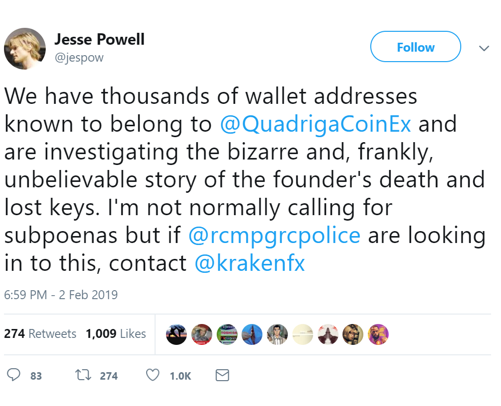 Обращение Джесси Пауэлла в Twitter насчет проблемы с Quadriga CX Обращение Джесси Пауэлла в Twitter насчет проблемы с Quadriga CX