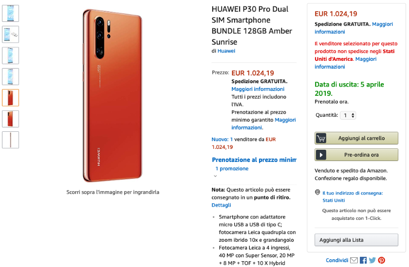 Страница Huuawei P30 на Amazon