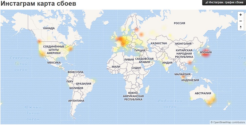 Карта сбоев Instagram по состоянию на 22 марта Карта сбоев Instagram по состоянию на 22 марта
