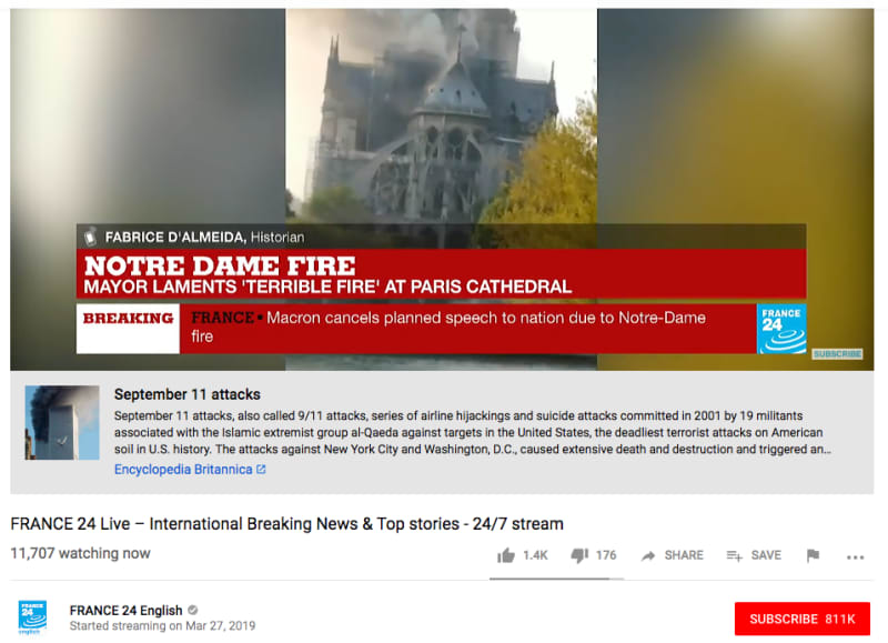 YouTube принял горящий собор Парижской Богоматери за фейковое видео