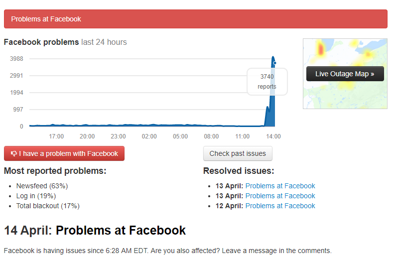 Cбои в Instagram и Facebook зафиксировали в 6:30 по восточному времени