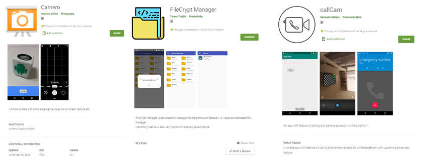 Вредоносные программы называются Camero, FileCrypt Manager и Call Cam